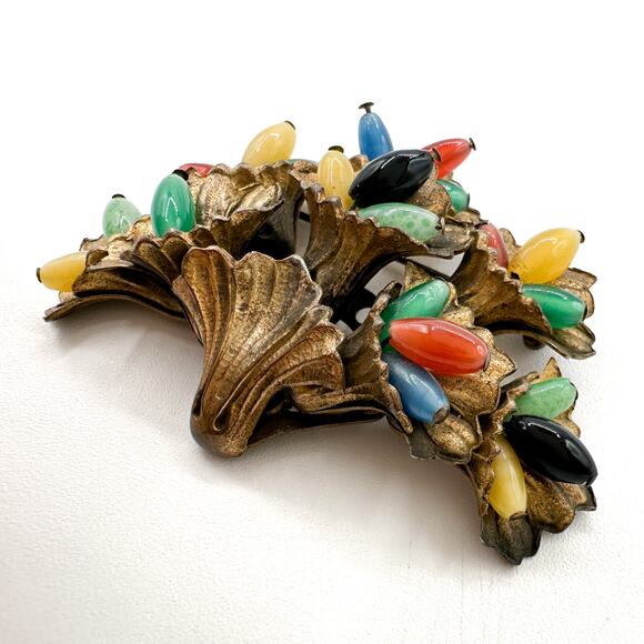 Czech Floral Bouquet Brooch c 20s Vtg Miriam Haskell Style Uranium Glass Beads - Picture 12 of 13